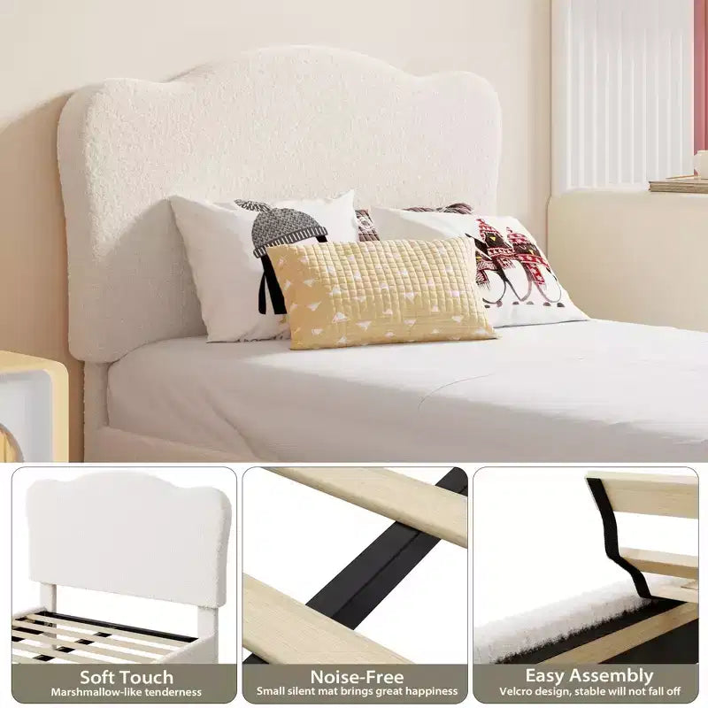 Struttura Letto Singolo per Bambini con Testiera Adorabile, Letto a Piattaforma Singolo Imbottito per Bambine, Bambini, Nessun Box Spring Necessario, Struttura Letto in Velluto con Doghe in Legno