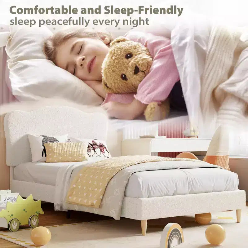 Struttura Letto Singolo per Bambini con Testiera Adorabile, Letto a Piattaforma Singolo Imbottito per Bambine, Bambini, Nessun Box Spring Necessario, Struttura Letto in Velluto con Doghe in Legno