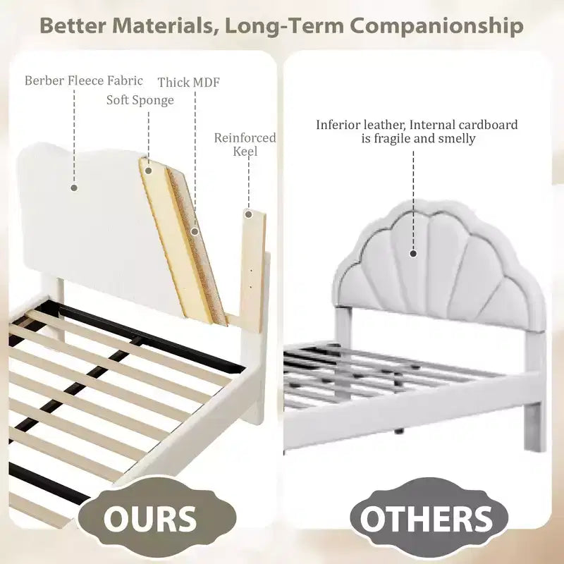 Struttura Letto Singolo per Bambini con Testiera Adorabile, Letto a Piattaforma Singolo Imbottito per Bambine, Bambini, Nessun Box Spring Necessario, Struttura Letto in Velluto con Doghe in Legno