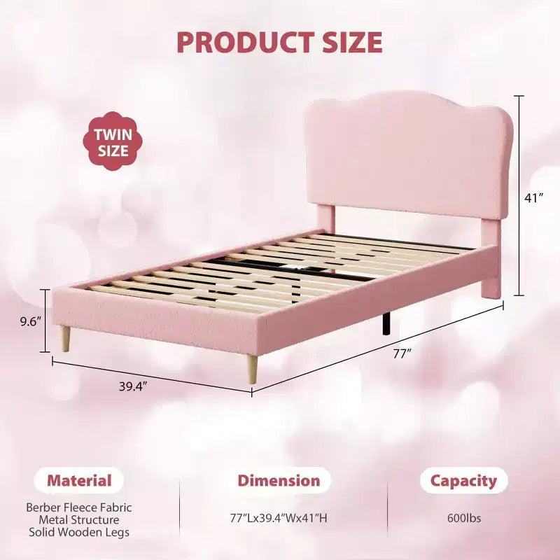 Struttura Letto Singolo per Bambini con Testiera Adorabile, Letto a Piattaforma Singolo Imbottito per Bambine, Bambini, Nessun Box Spring Necessario, Struttura Letto in Velluto con Doghe in Legno