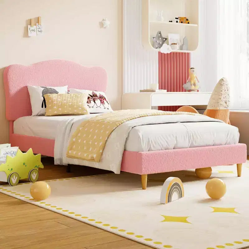 Struttura Letto Singolo per Bambini con Testiera Adorabile, Letto a Piattaforma Singolo Imbottito per Bambine, Bambini, Nessun Box Spring Necessario, Struttura Letto in Velluto con Doghe in Legno