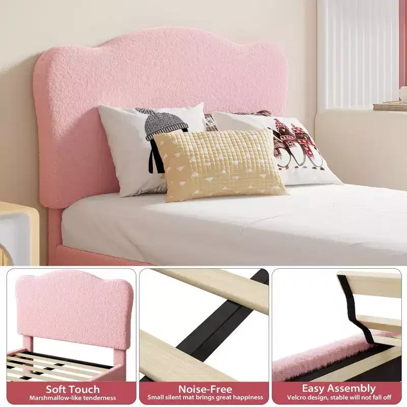 Struttura Letto Singolo per Bambini con Testiera Adorabile, Letto a Piattaforma Singolo Imbottito per Bambine, Bambini, Nessun Box Spring Necessario, Struttura Letto in Velluto con Doghe in Legno
