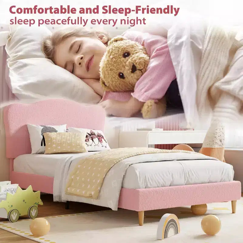 Struttura Letto Singolo per Bambini con Testiera Adorabile, Letto a Piattaforma Singolo Imbottito per Bambine, Bambini, Nessun Box Spring Necessario, Struttura Letto in Velluto con Doghe in Legno