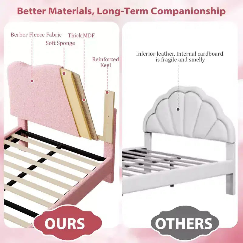 Struttura Letto Singolo per Bambini con Testiera Adorabile, Letto a Piattaforma Singolo Imbottito per Bambine, Bambini, Nessun Box Spring Necessario, Struttura Letto in Velluto con Doghe in Legno