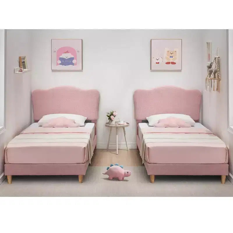 Struttura Letto Singolo per Bambini con Testiera Adorabile, Letto a Piattaforma Singolo Imbottito per Bambine, Bambini, Nessun Box Spring Necessario, Struttura Letto in Velluto con Doghe in Legno