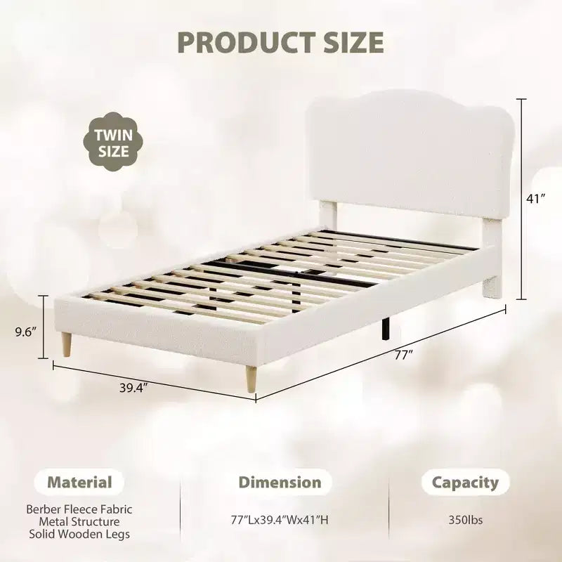Struttura Letto Singolo per Bambini con Testiera Adorabile, Letto a Piattaforma Singolo Imbottito per Bambine, Bambini, Nessun Box Spring Necessario, Struttura Letto in Velluto con Doghe in Legno
