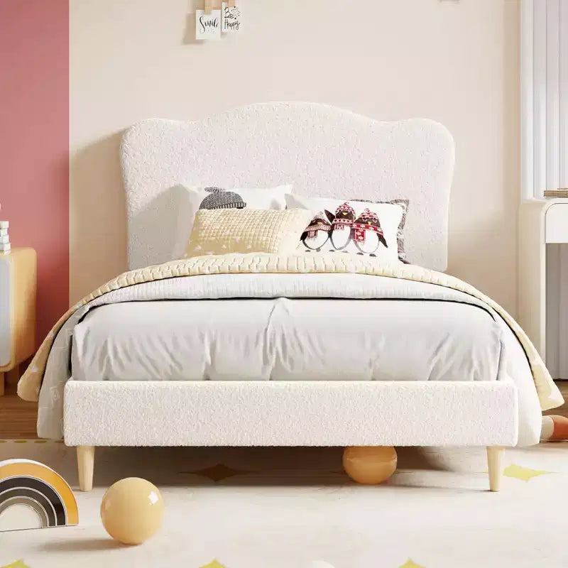 Struttura Letto Singolo per Bambini con Testiera Adorabile, Letto a Piattaforma Singolo Imbottito per Bambine, Bambini, Nessun Box Spring Necessario, Struttura Letto in Velluto con Doghe in Legno