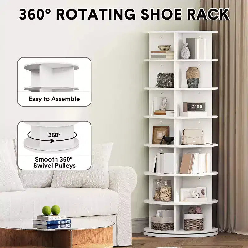Torre Scarpiera Girevole a 7 Livelli, Organizer Scarpe Rotante a 360° con Contenimento da 28 a 32 Paia, Espositore Scarpe a Carosello Girevole Autoportante Bianco