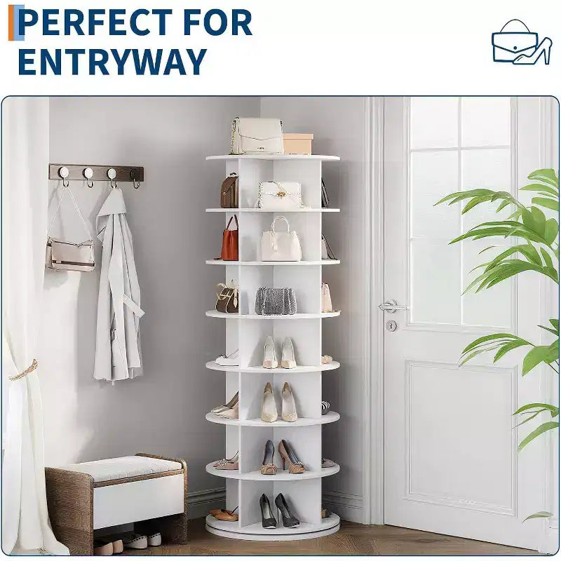 Torre Scarpiera Girevole a 7 Livelli, Organizer Scarpe Rotante a 360° con Contenimento da 28 a 32 Paia, Espositore Scarpe a Carosello Girevole Autoportante Bianco