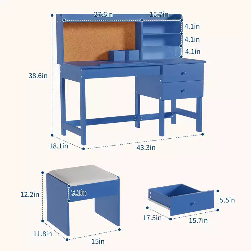 Set Scrivania e Sedia per Bambini, Tavolo Studio in Legno con Piano Inclinabile Regolabile, Cassetti e Bacheca in Sughero - Set Scrivania per l'Apprendimento Scolastico per Bambini dai 3 agli 8 Anni