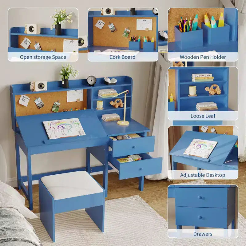 Set Scrivania e Sedia per Bambini, Tavolo Studio in Legno con Piano Inclinabile Regolabile, Cassetti e Bacheca in Sughero - Set Scrivania per l'Apprendimento Scolastico per Bambini dai 3 agli 8 Anni