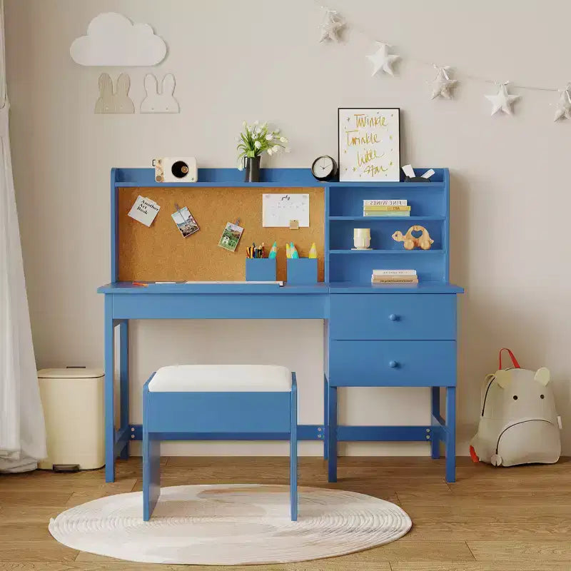Set Scrivania e Sedia per Bambini, Tavolo Studio in Legno con Piano Inclinabile Regolabile, Cassetti e Bacheca in Sughero - Set Scrivania per l'Apprendimento Scolastico per Bambini dai 3 agli 8 Anni