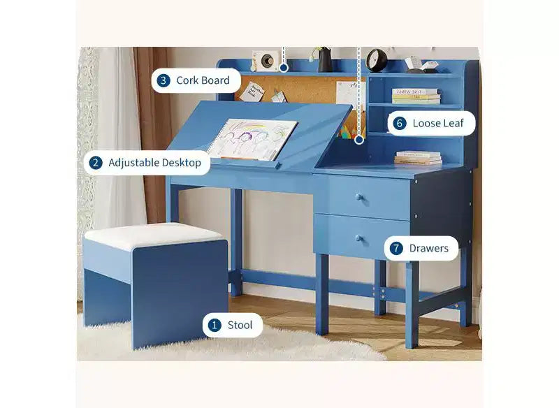 Set Scrivania e Sedia per Bambini, Tavolo Studio in Legno con Piano Inclinabile Regolabile, Cassetti e Bacheca in Sughero - Set Scrivania per l'Apprendimento Scolastico per Bambini dai 3 agli 8 Anni