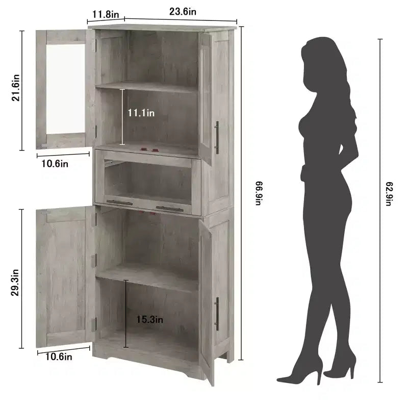 Mobiletto alto da bagno, Armadietto da 67" con ante in vetro e ripiano regolabile, Credenza autoportante per piccoli spazi, lavanderia, soggiorno