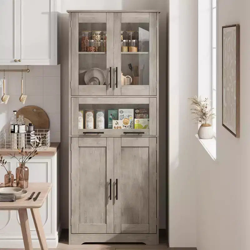 Mobiletto alto da bagno, Armadietto da 67" con ante in vetro e ripiano regolabile, Credenza autoportante per piccoli spazi, lavanderia, soggiorno