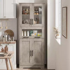 Mobiletto alto da bagno, Armadietto da 67" con ante in vetro e ripiano regolabile, Credenza autoportante per piccoli spazi, lavanderia, soggiorno