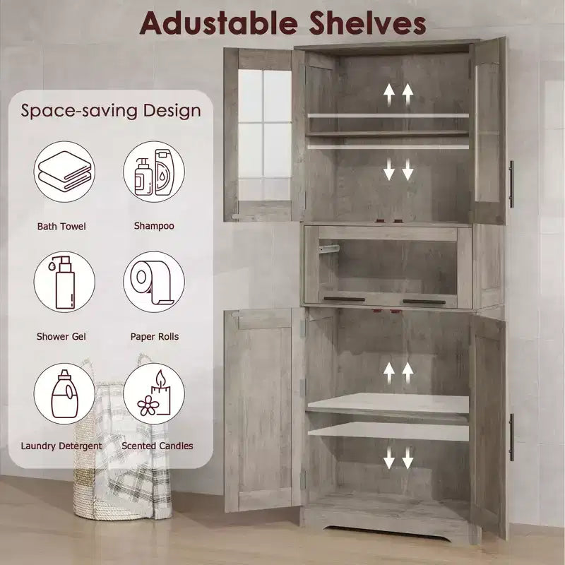 Mobiletto alto da bagno, Armadietto da 67" con ante in vetro e ripiano regolabile, Credenza autoportante per piccoli spazi, lavanderia, soggiorno