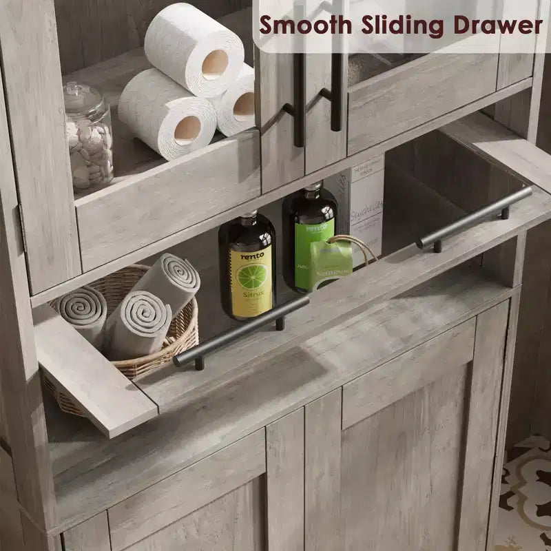 Mobiletto alto da bagno, Armadietto da 67" con ante in vetro e ripiano regolabile, Credenza autoportante per piccoli spazi, lavanderia, soggiorno