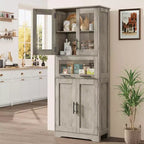 Mobiletto alto da bagno, Armadietto da 67" con ante in vetro e ripiano regolabile, Credenza autoportante per piccoli spazi, lavanderia, soggiorno