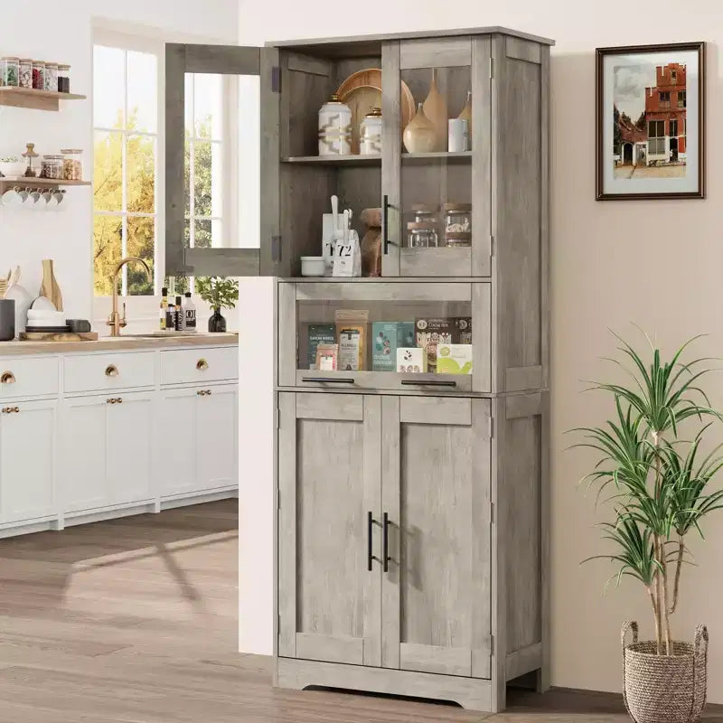 Mobiletto alto da bagno, Armadietto da 67" con ante in vetro e ripiano regolabile, Credenza autoportante per piccoli spazi, lavanderia, soggiorno
