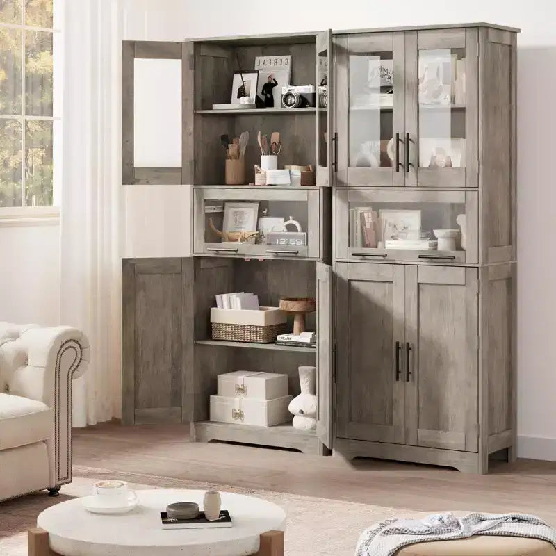 Mobiletto alto da bagno, Armadietto da 67" con ante in vetro e ripiano regolabile, Credenza autoportante per piccoli spazi, lavanderia, soggiorno
