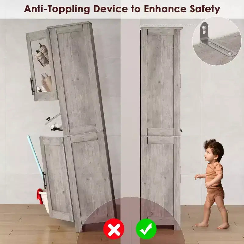 Mobiletto alto da bagno, Armadietto da 67" con ante in vetro e ripiano regolabile, Credenza autoportante per piccoli spazi, lavanderia, soggiorno