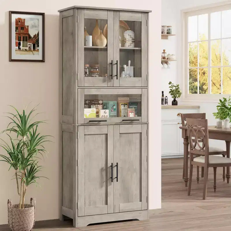 Mobiletto alto da bagno, Armadietto da 67" con ante in vetro e ripiano regolabile, Credenza autoportante per piccoli spazi, lavanderia, soggiorno