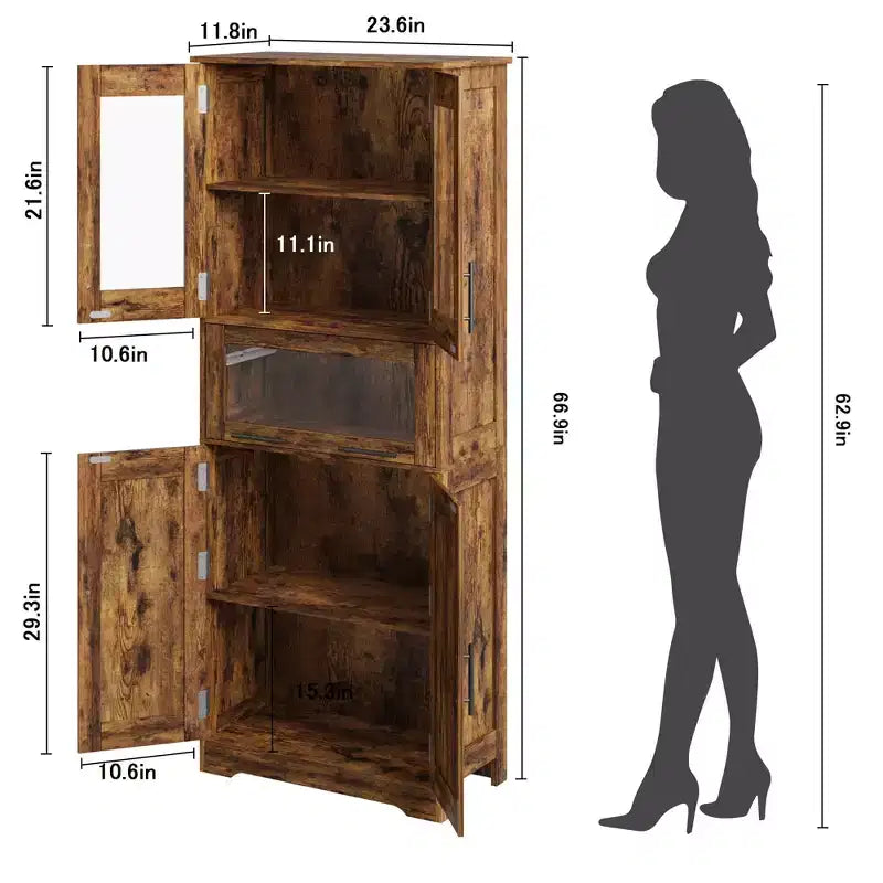 Mobiletto alto da bagno, Armadietto da 67" con ante in vetro e ripiano regolabile, Credenza autoportante per piccoli spazi, lavanderia, soggiorno