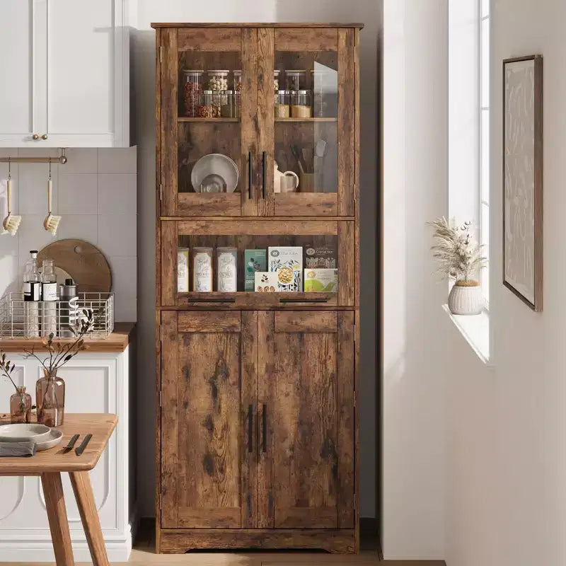 Mobiletto alto da bagno, Armadietto da 67" con ante in vetro e ripiano regolabile, Credenza autoportante per piccoli spazi, lavanderia, soggiorno