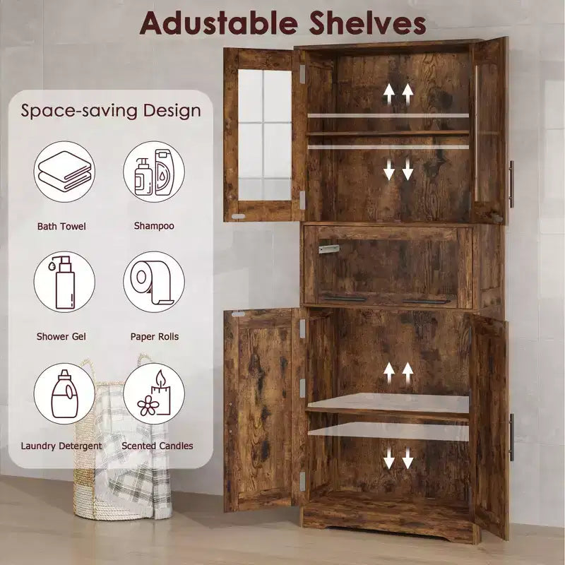 Mobiletto alto da bagno, Armadietto da 67" con ante in vetro e ripiano regolabile, Credenza autoportante per piccoli spazi, lavanderia, soggiorno