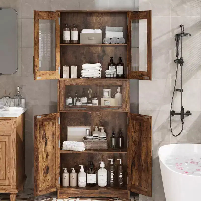 Mobiletto alto da bagno, Armadietto da 67" con ante in vetro e ripiano regolabile, Credenza autoportante per piccoli spazi, lavanderia, soggiorno