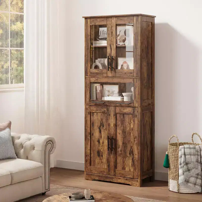 Mobiletto alto da bagno, Armadietto da 67" con ante in vetro e ripiano regolabile, Credenza autoportante per piccoli spazi, lavanderia, soggiorno