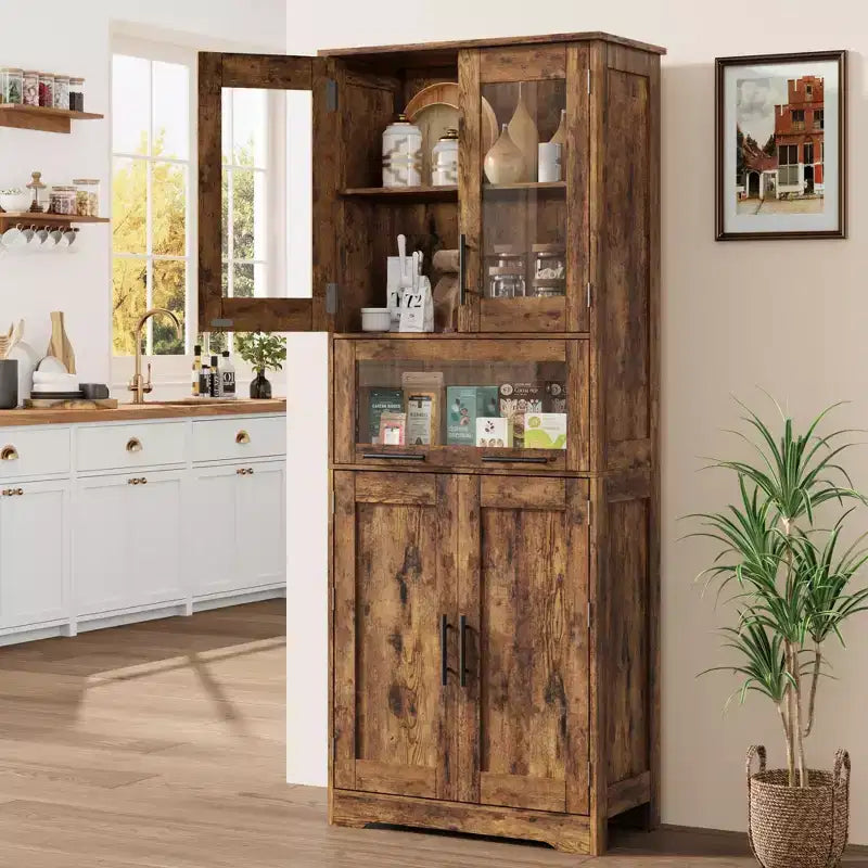 Mobiletto alto da bagno, Armadietto da 67" con ante in vetro e ripiano regolabile, Credenza autoportante per piccoli spazi, lavanderia, soggiorno