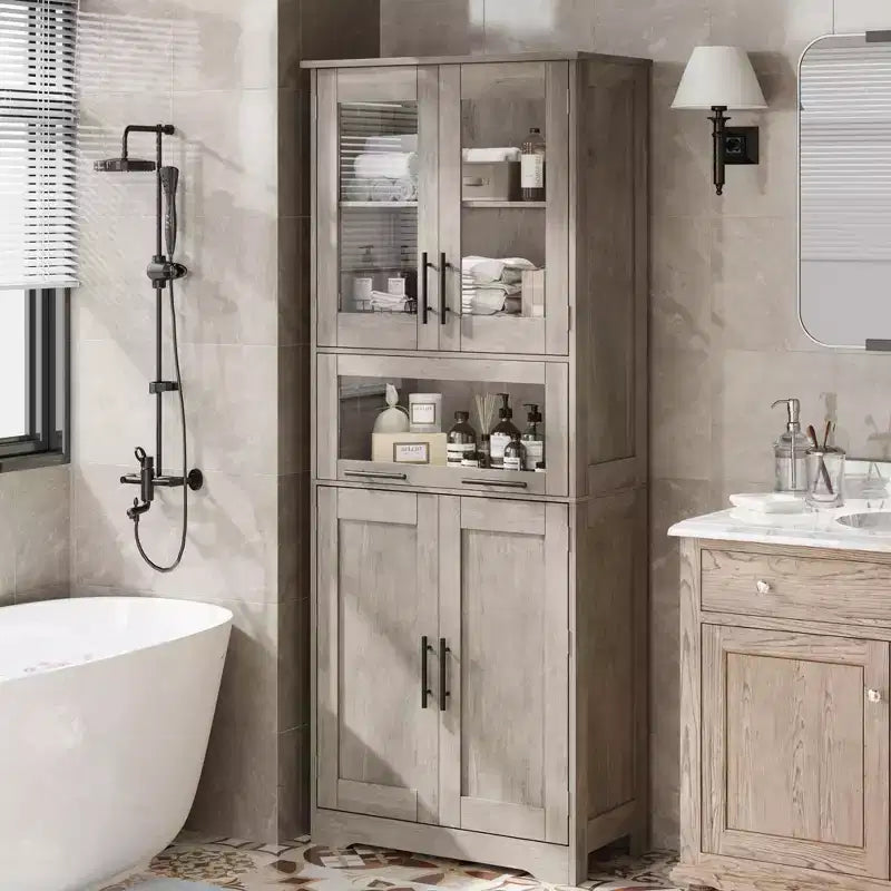 Mobiletto alto da bagno, Armadietto da 67" con ante in vetro e ripiano regolabile, Credenza autoportante per piccoli spazi, lavanderia, soggiorno