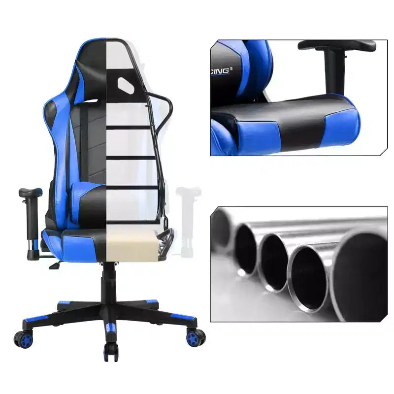 Sedia da ufficio gaming in pelle PU con poggiatesta e cuscino lombare regolabili