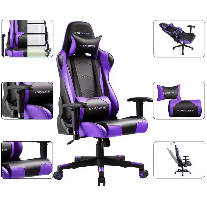 Sedia da ufficio gaming in pelle PU con poggiatesta e cuscino lombare regolabili