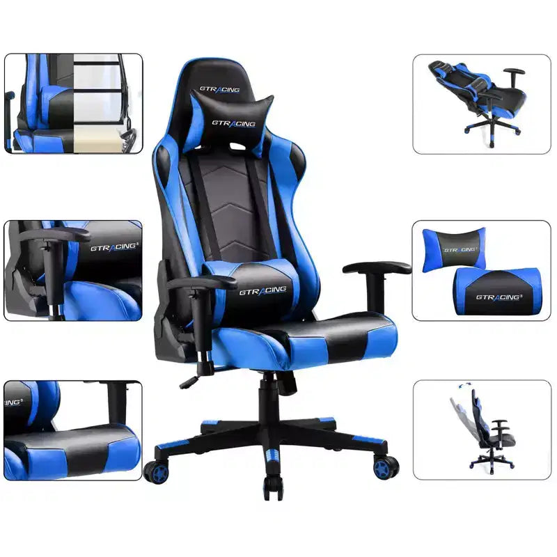 Sedia da ufficio gaming in pelle PU con poggiatesta e cuscino lombare regolabili