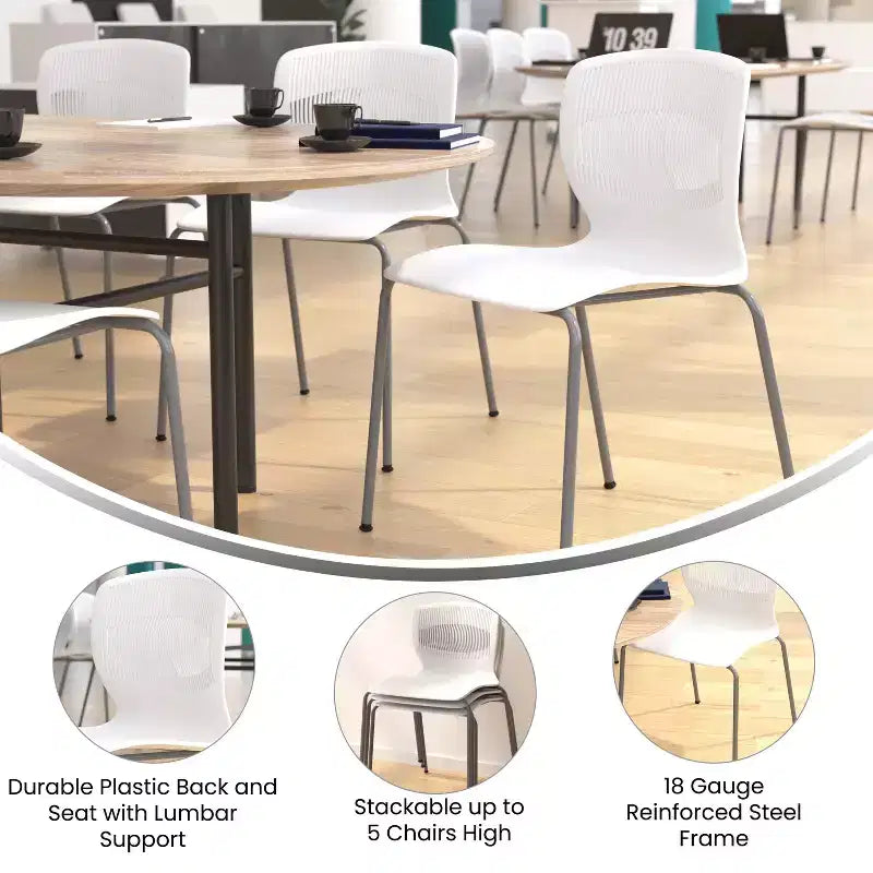 Set di 5 sedie impilabili ergonomiche in polipropilene per carichi pesanti con supporto lombare – Capacità 350 kg