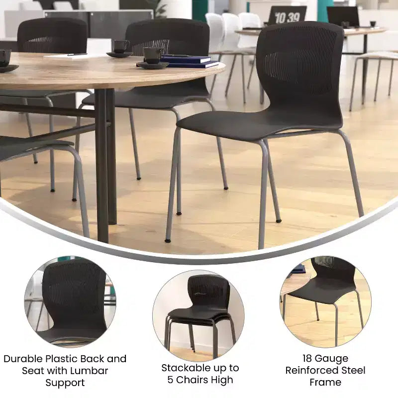 Set di 5 sedie impilabili ergonomiche in polipropilene per carichi pesanti con supporto lombare – Capacità 350 kg