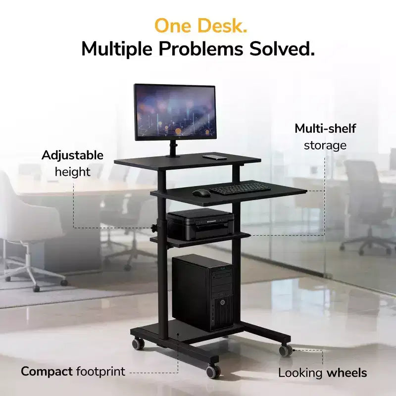 Scrivania mobile regolabile in altezza e workstation per computer con ruote bloccabili – Nera