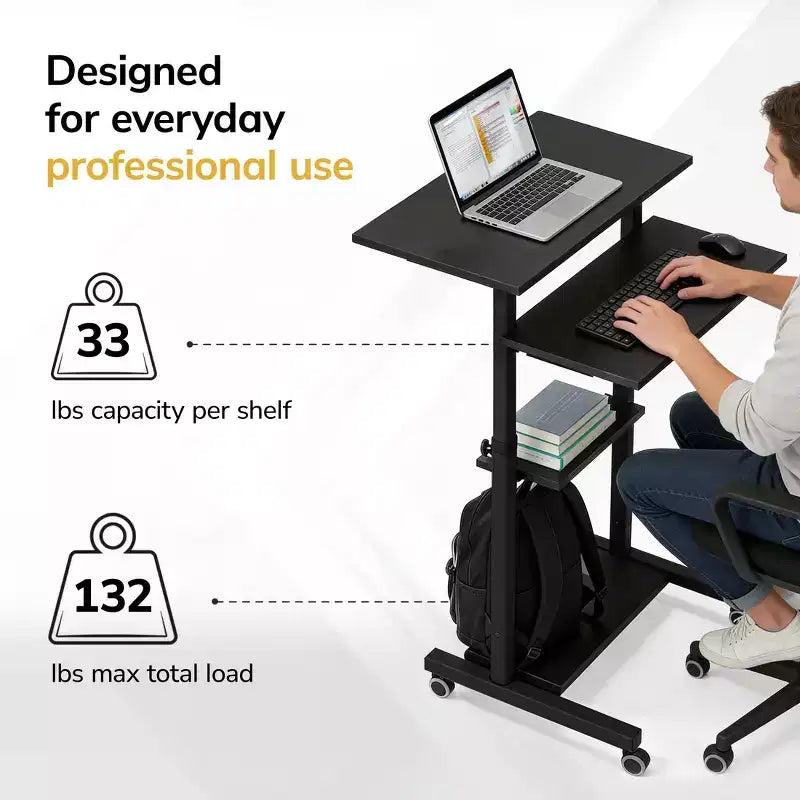 Scrivania mobile regolabile in altezza e workstation per computer con ruote bloccabili – Nera
