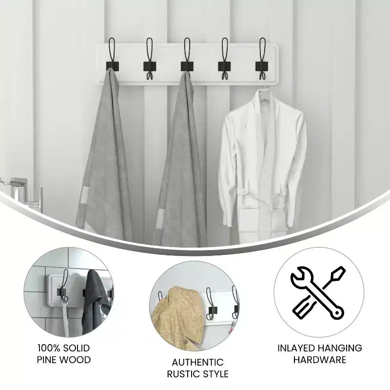 Scaffale da parete in legno massello di pino da 24" con 5 ganci – Ingresso, cucina e bagno